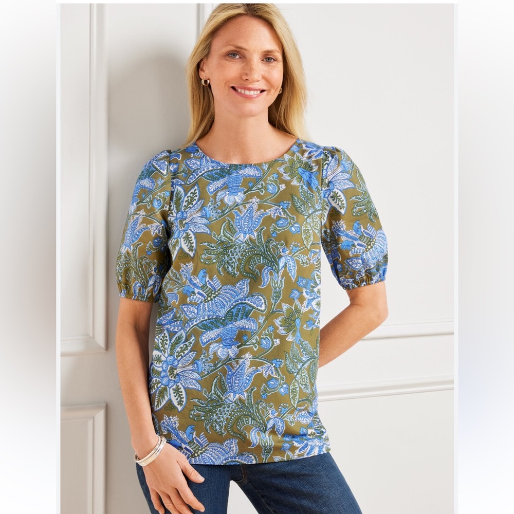 Talbots Tie Back Cotton Poplin Puff Short Sleeve Blouse Top in Lively Floral - Picture 1 of 5
